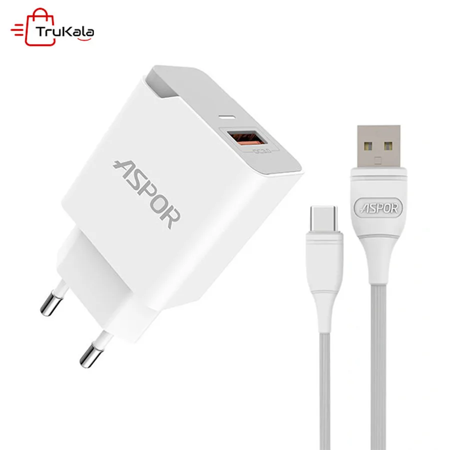Aspor-Charger-and-Cable-QC3.0-A822-1 شارژر دیواری آسپور 3 آمپری تایپ سی مدل A822