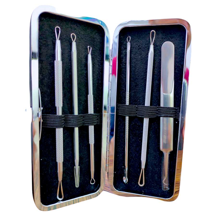 Stainless Steel Comedone Acne Extractor 6 picese ست تیرکومدون ۶ تکه کیف چرمی