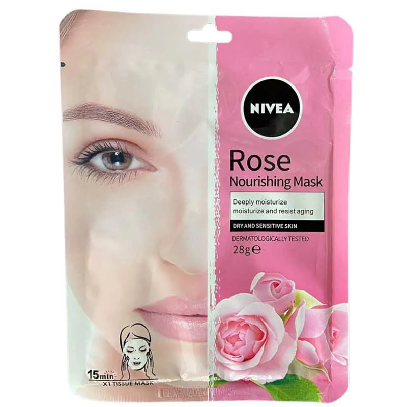Rose-nourishing-mask-for-dry-and-sensitive-skin-nivea-28-gr ماسک ورقه ای ضدپیری گل رز نیوا