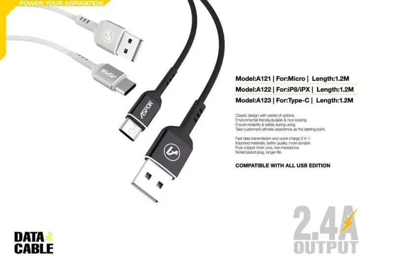 کابل شارژر آسپور تایپ سی مدل A123